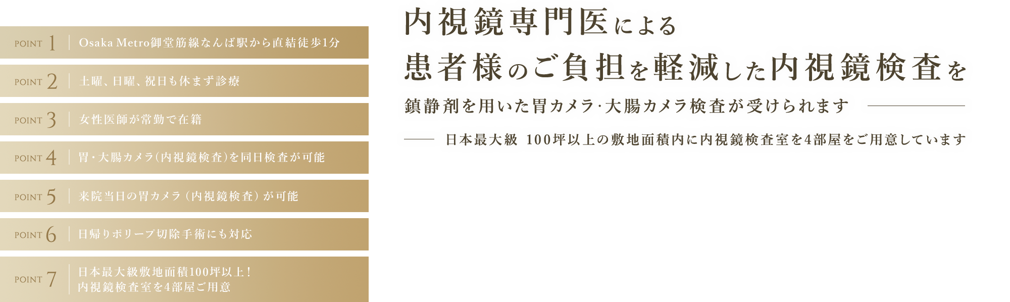 内視鏡専門医による患者様のご負担を軽減した内視鏡検査を 鎮静剤を用いた胃カメラ・大腸カメラ検査が受けられます