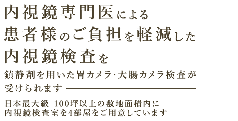 内視鏡専門医による患者様のご負担を軽減した内視鏡検査を 鎮静剤を用いた胃カメラ・大腸カメラ検査が受けられます