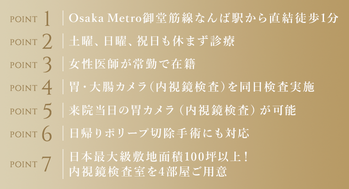 Osaka Metro御堂筋線なんば駅から直結徒歩1分/土曜、日曜、祝日も休まず診療/女性医師が常勤で在籍/胃・大腸カメラ（内視鏡検査）を同日検査実施/来院当日の胃カメラ（内視鏡検査）が可能/日帰りポリープ切除手術にも対応/日本最大級敷地面積100坪以上！内視鏡検査室を4部屋ご用意