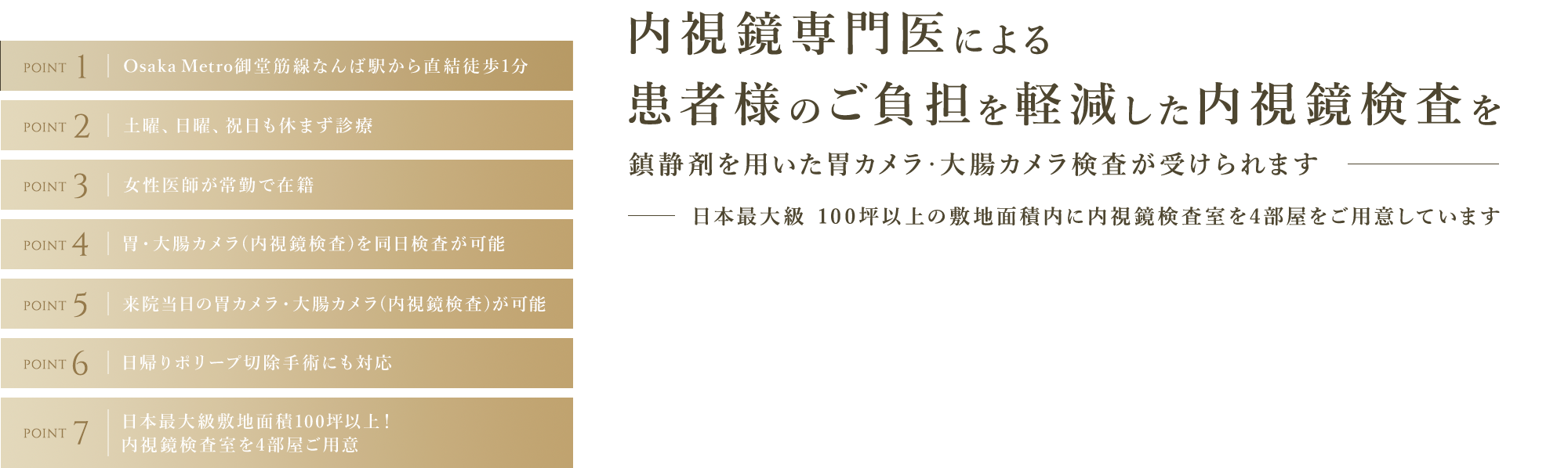内視鏡専門医による患者様のご負担を軽減した内視鏡検査を 鎮静剤を用いた胃カメラ・大腸カメラ検査が受けられます